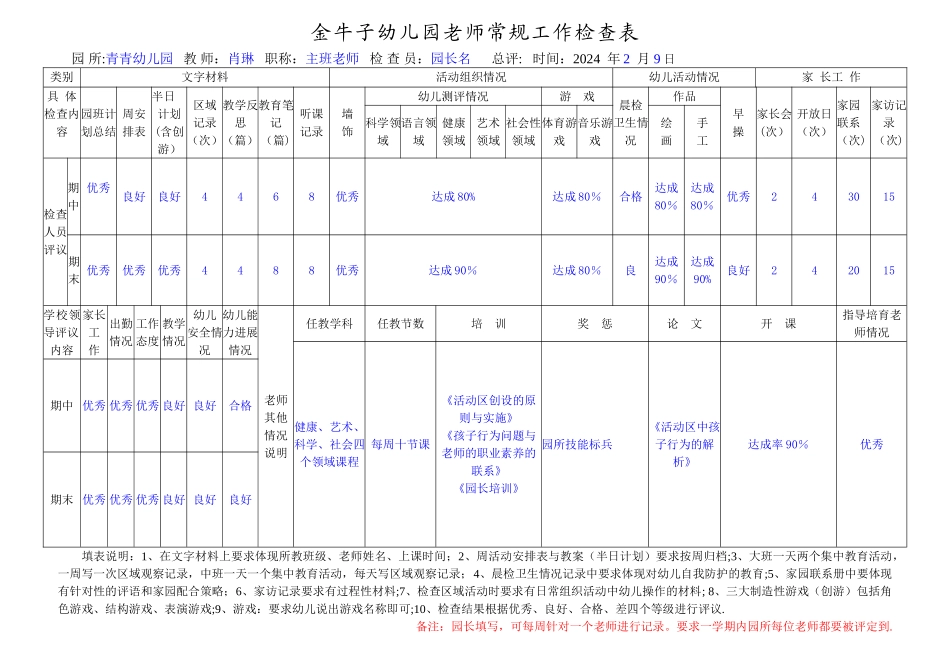 幼儿园教师常规工作检查表_第1页