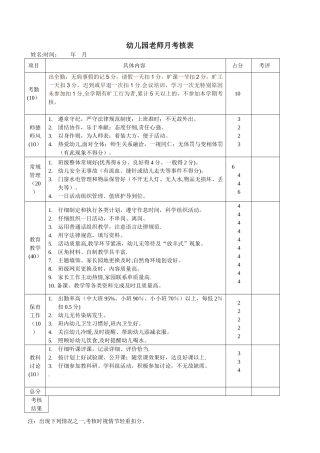 幼儿园教师月考核表