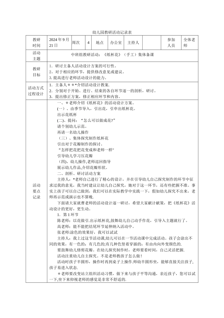 幼儿园教研活动记录表1_第1页