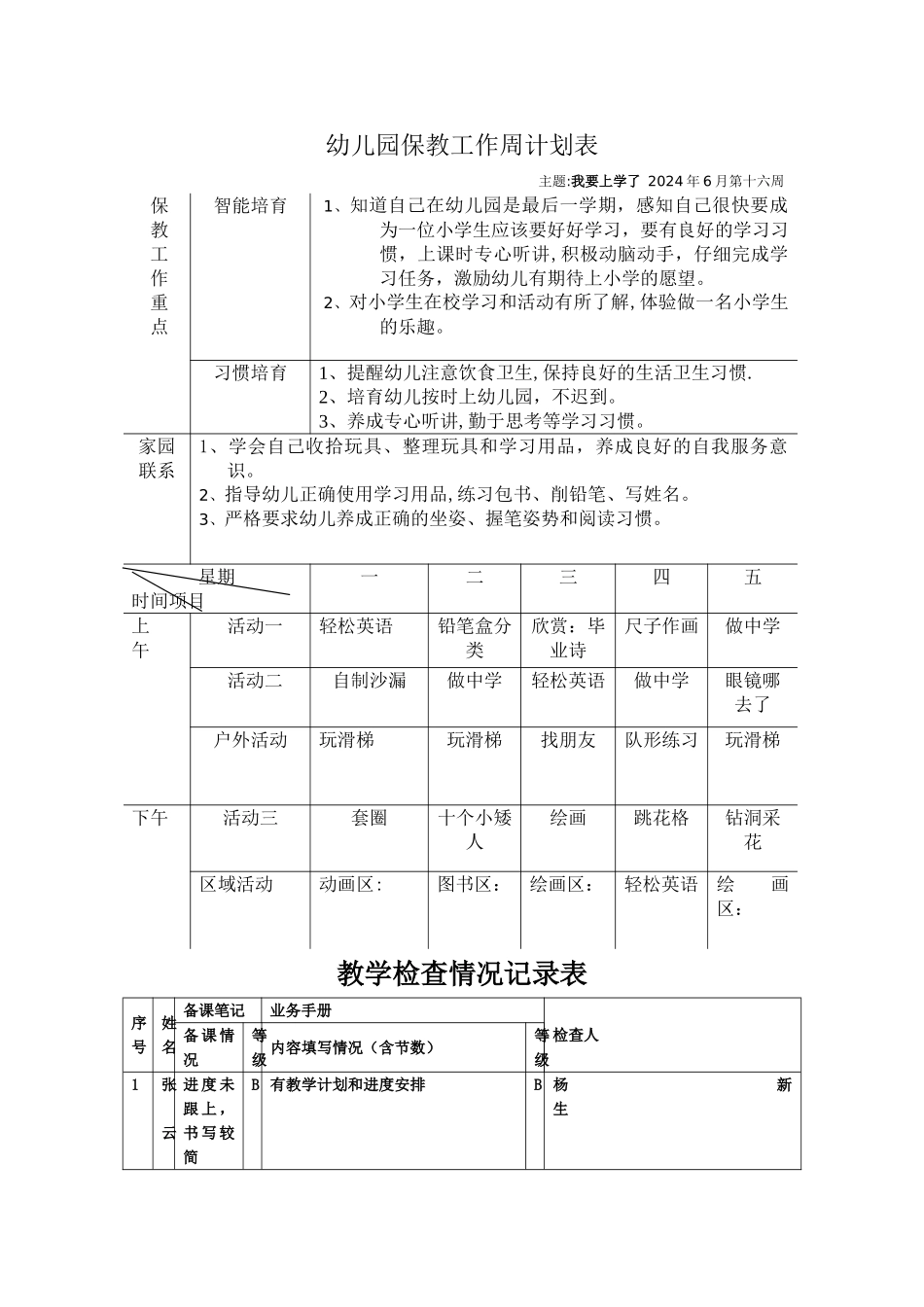 幼儿园教育保教工作周计划表_第1页
