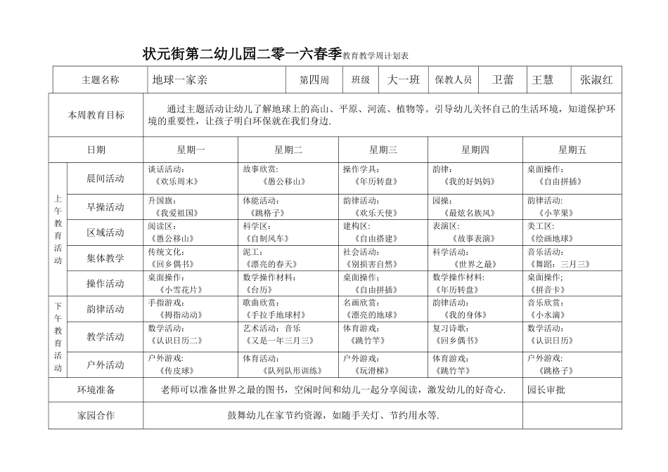 幼儿园教育教学周计划表_第1页