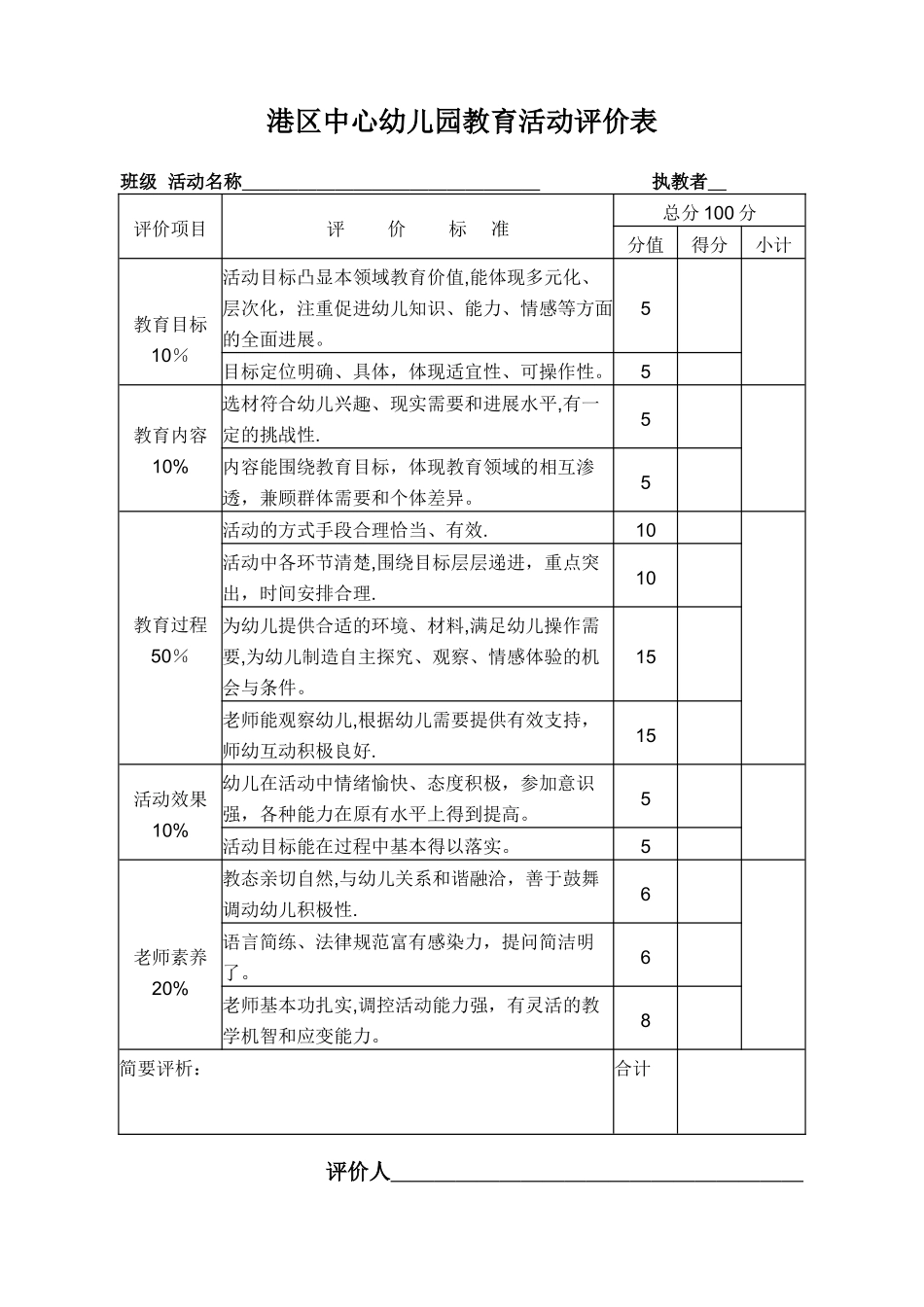 幼儿园教育活动评价表_第1页