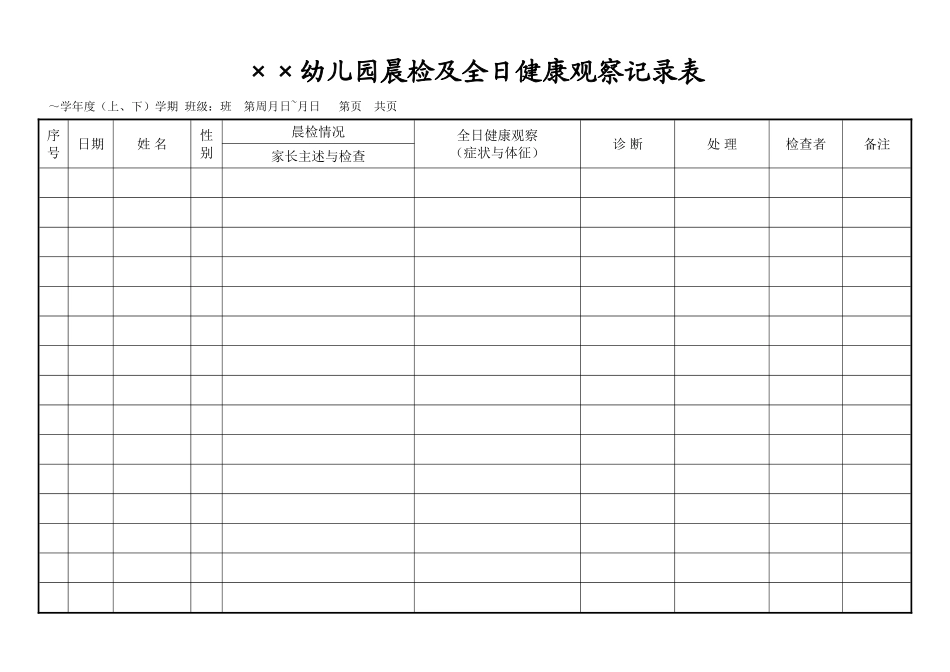幼儿园晨检及全日健康观察记录表_第1页
