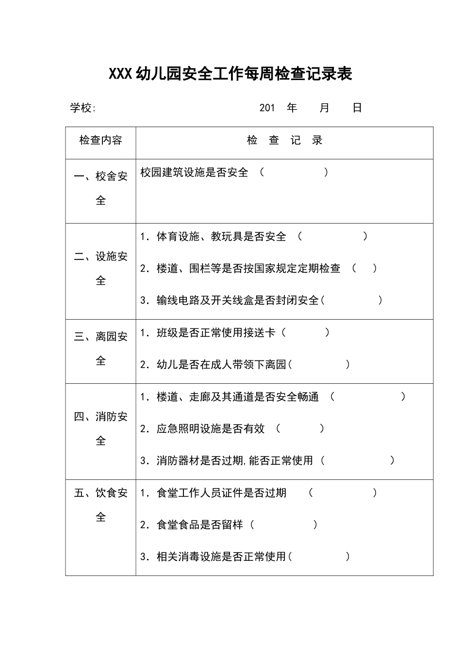幼儿园每周安全检查记录表_第1页
