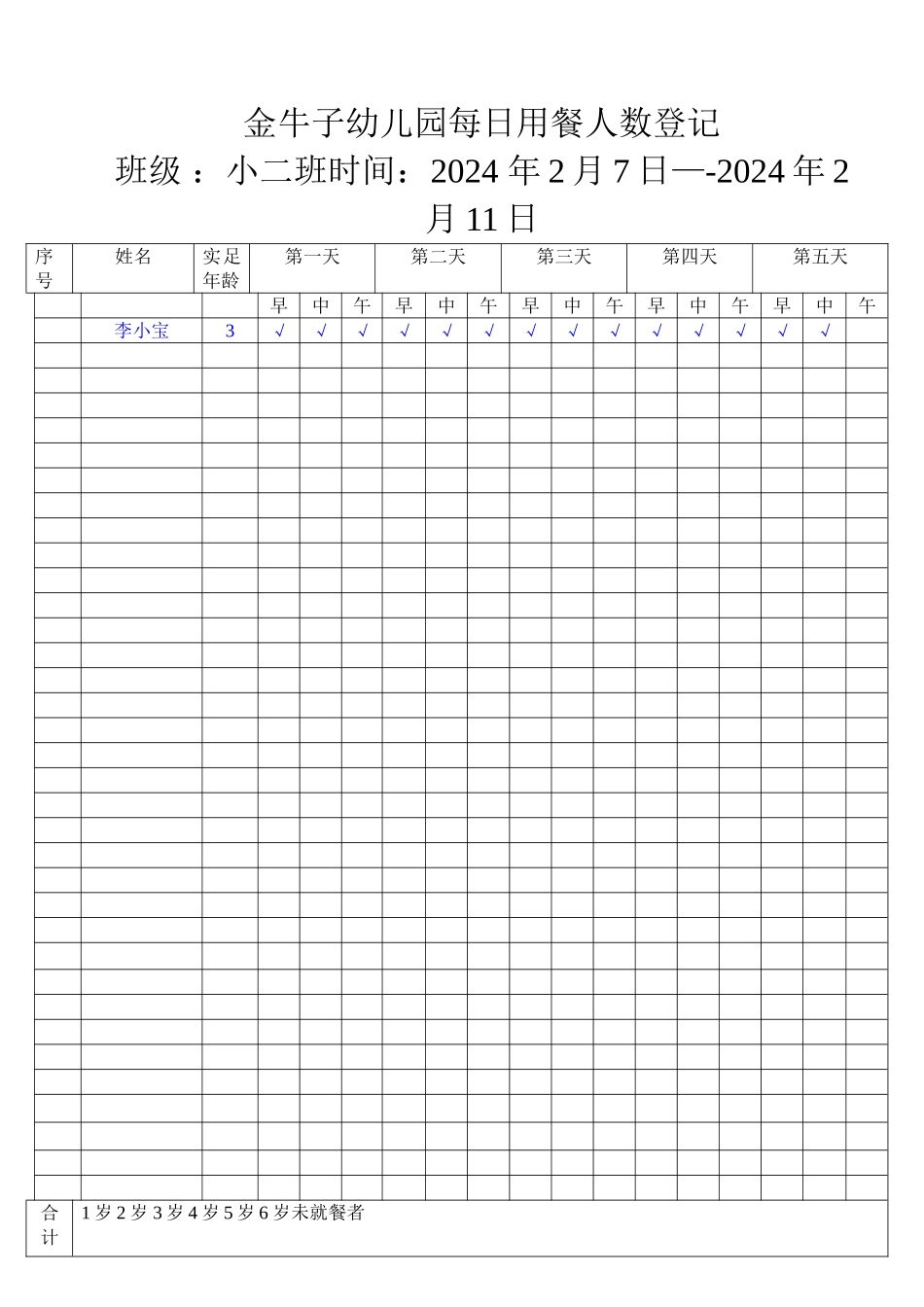 幼儿园每日用餐人数登记表_第1页