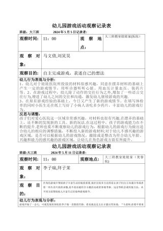 幼儿园游戏活动观察记录表-大班班级游戏活动记录