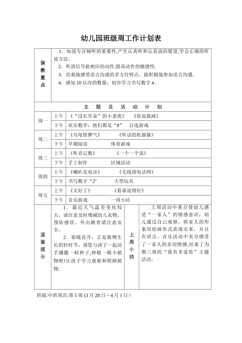 幼儿园班级周工作计划表_第1页