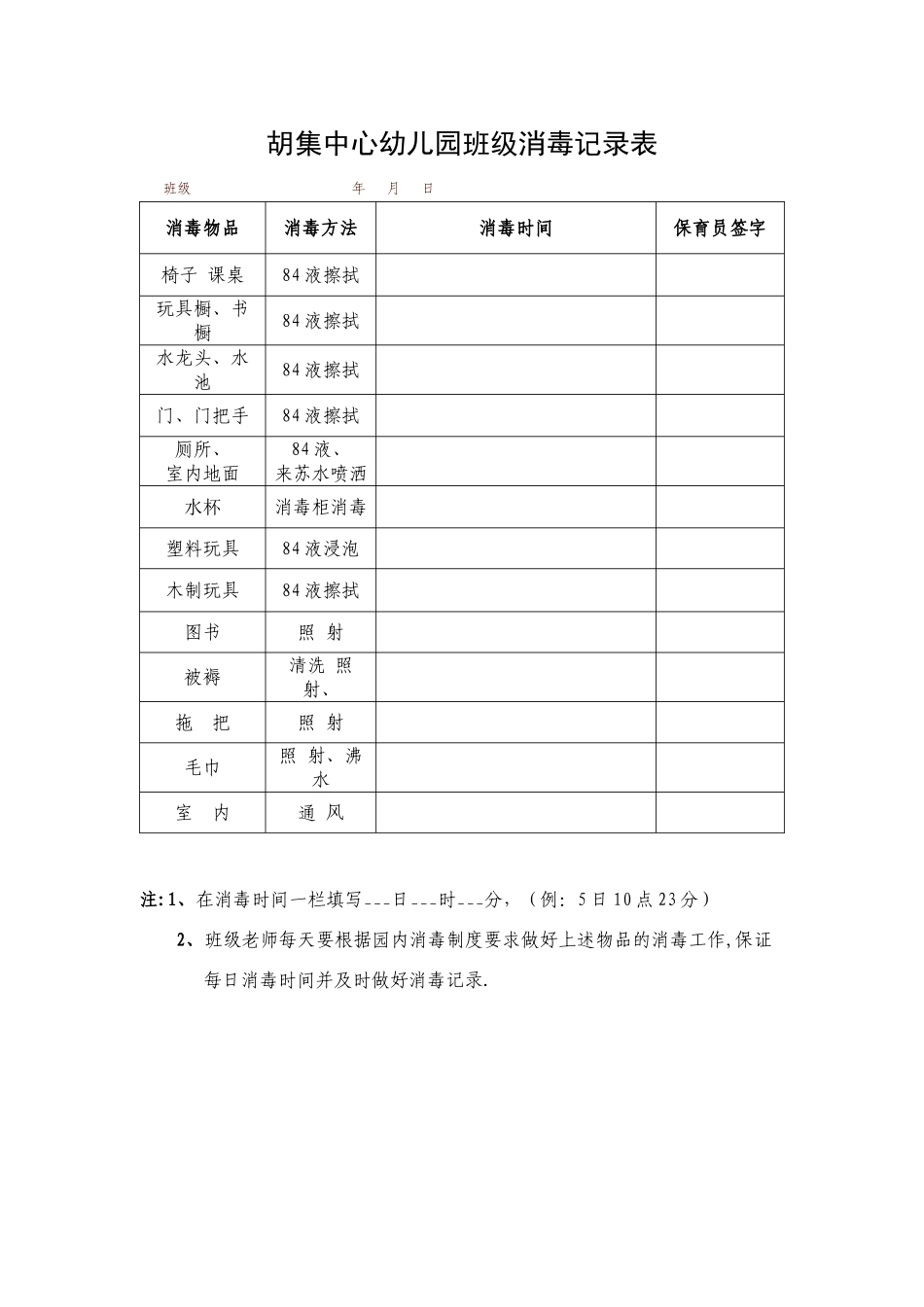 幼儿园班级消毒记录表15514_第1页