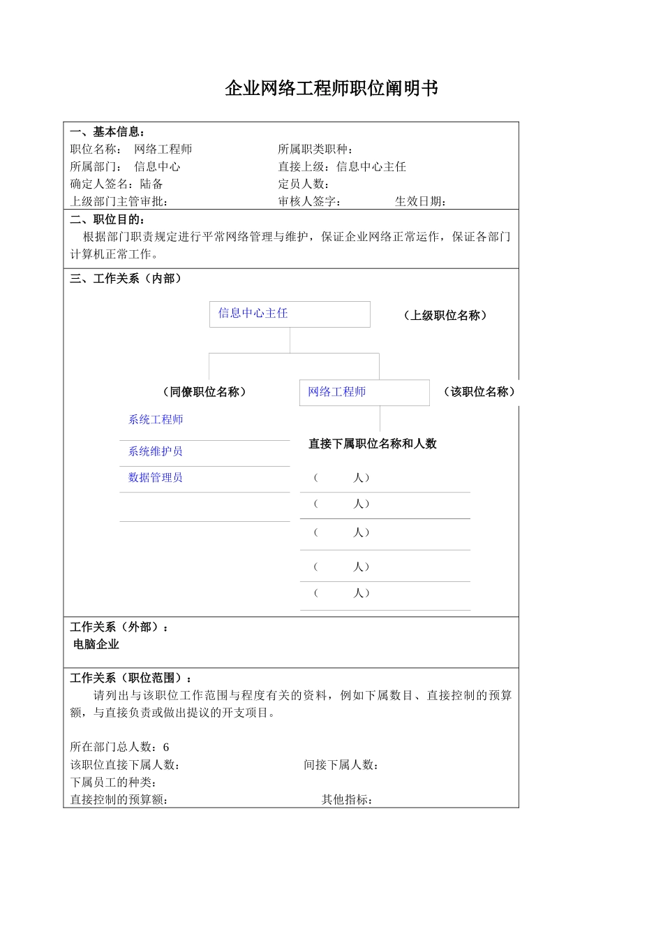 2025年大型汽车零部件公司信息中心网络工程师职位说明书_第1页