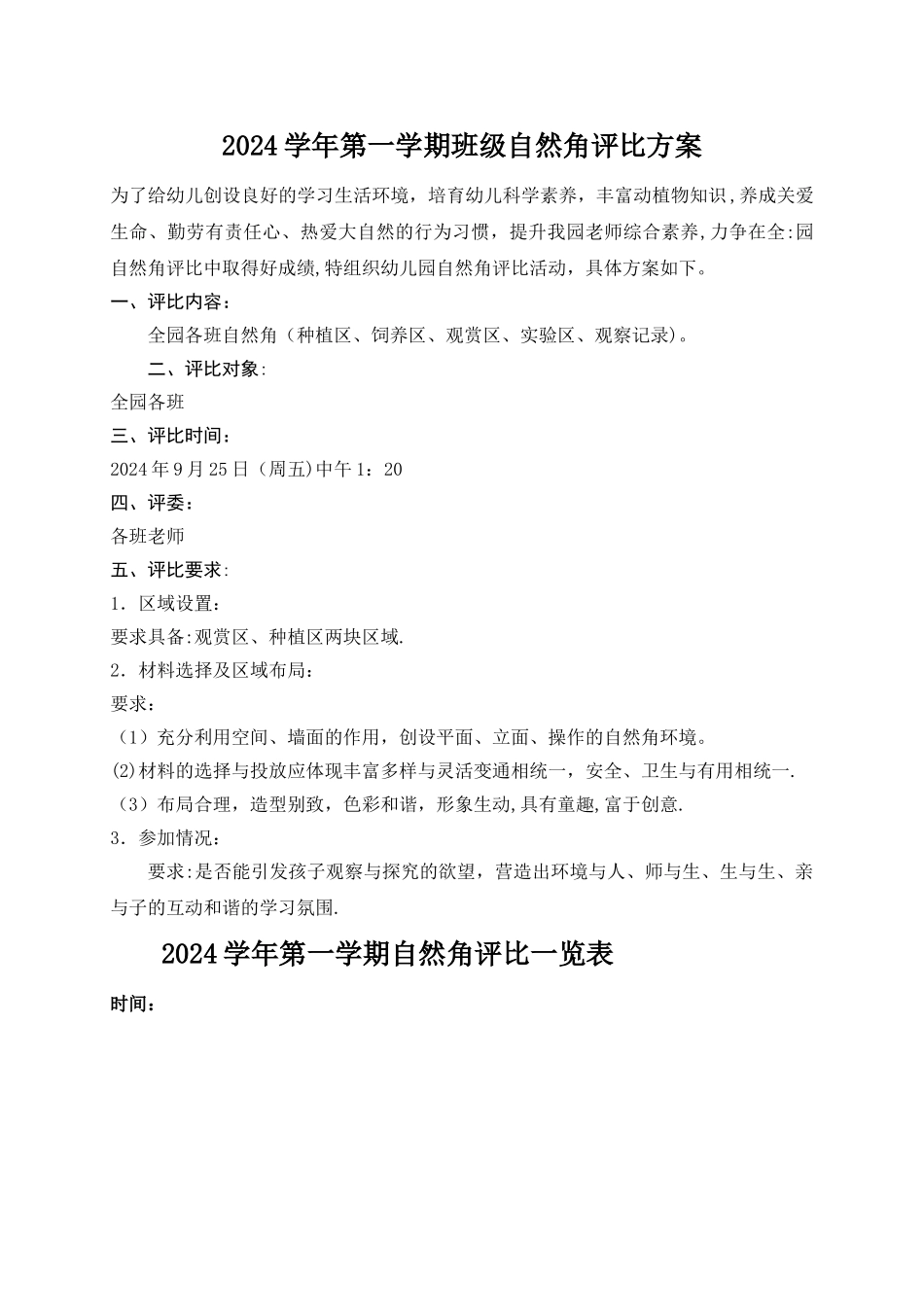 幼儿园自然角评比方案-评比表--小结_第1页