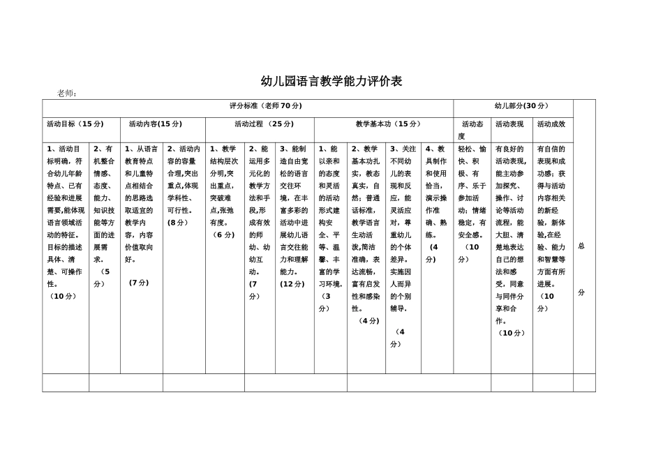 幼儿园语言教学评价表_第1页
