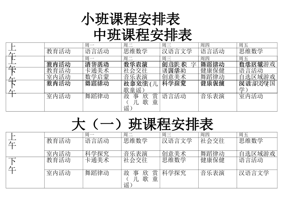 幼儿园课程安排表格_第1页