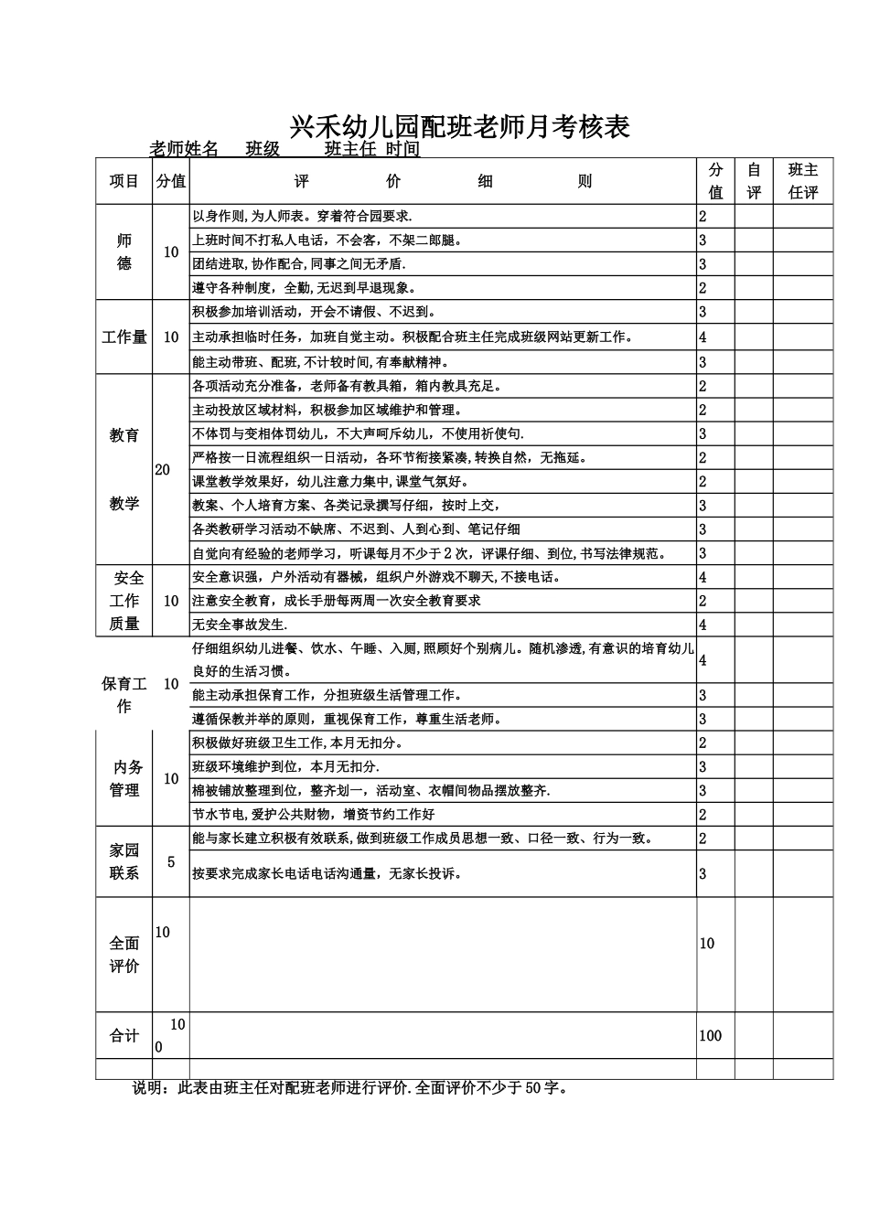 幼儿园配班教师月考核表_第1页