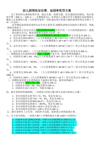 幼儿园预收定位费、返校率奖罚方案