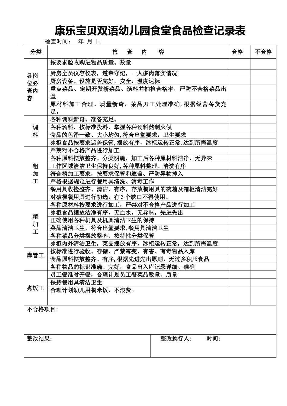 幼儿园食品安全检查记录表_第1页
