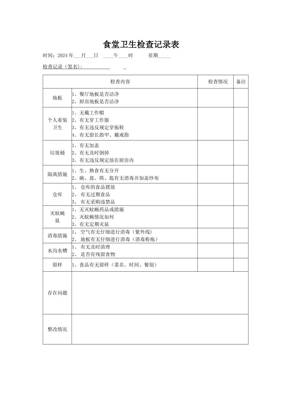 幼儿园食堂卫生检查记录表_第1页
