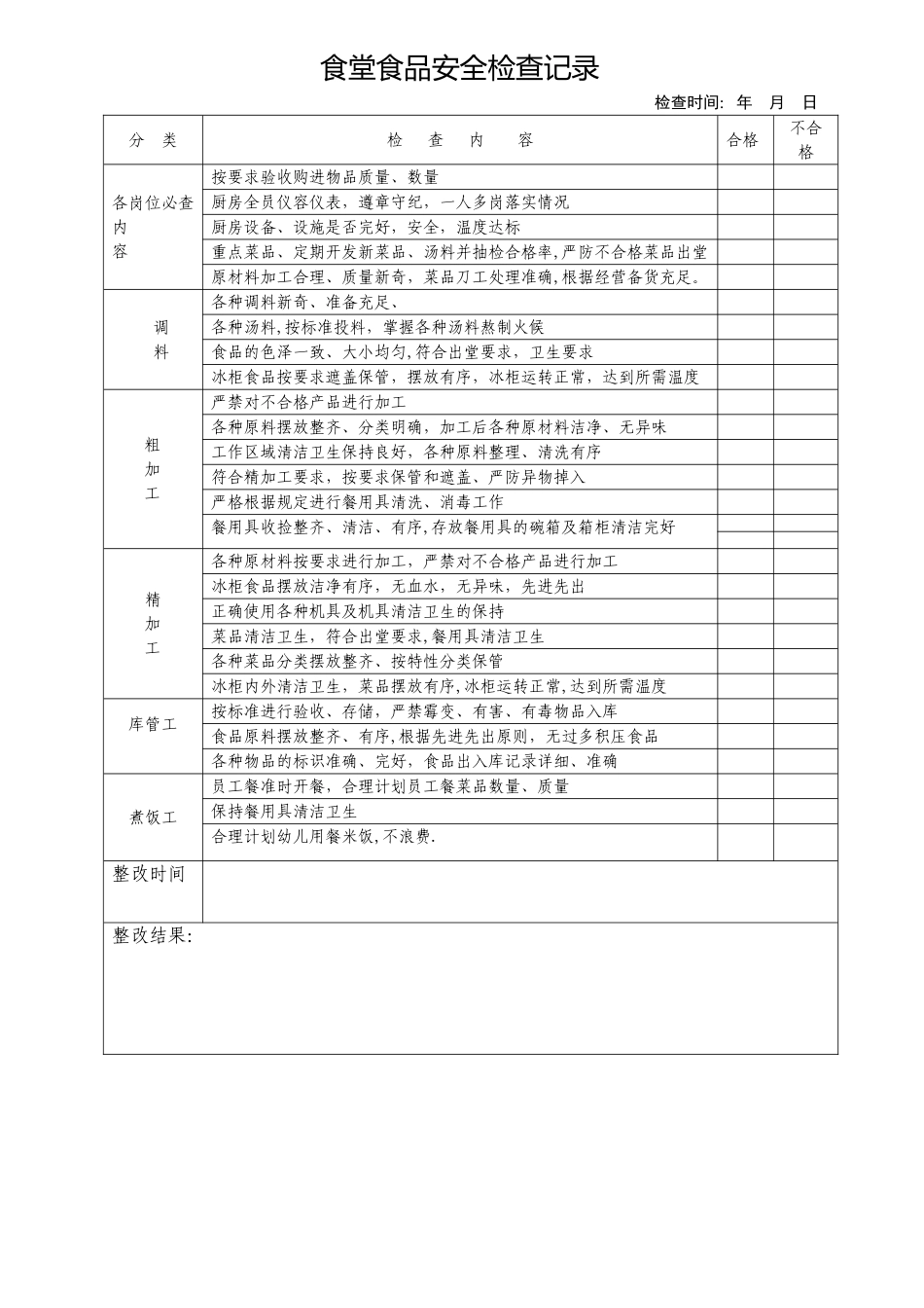 幼儿园食堂食品安全检查记录表_第1页