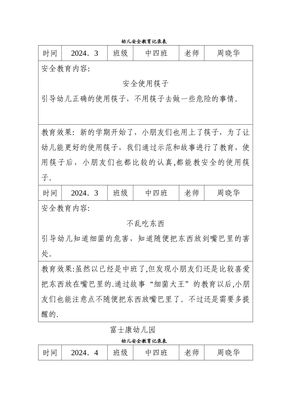 幼儿安全教育记录表_第1页