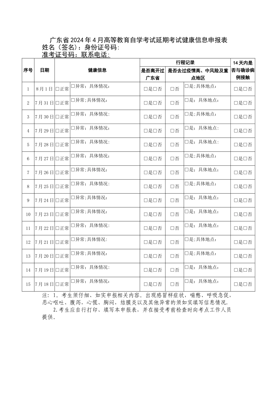 广东省2024年4月高等教育自学考试延期考试健康信息申报表_第1页