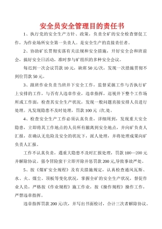 2025年煤矿安全员安全管理目标责任书