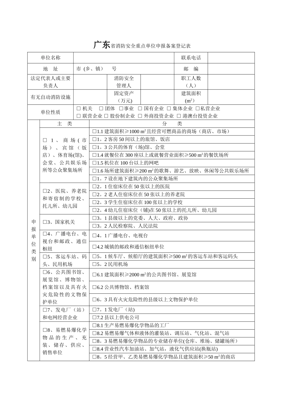 广东省消防安全重点单位申报备案登记表_第1页