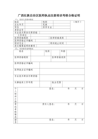 广西壮族自治区医师执业注册培训考核合格证明