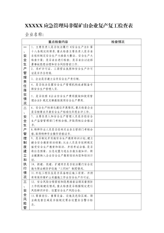 应急管理局非煤矿山企业复产复工检查表