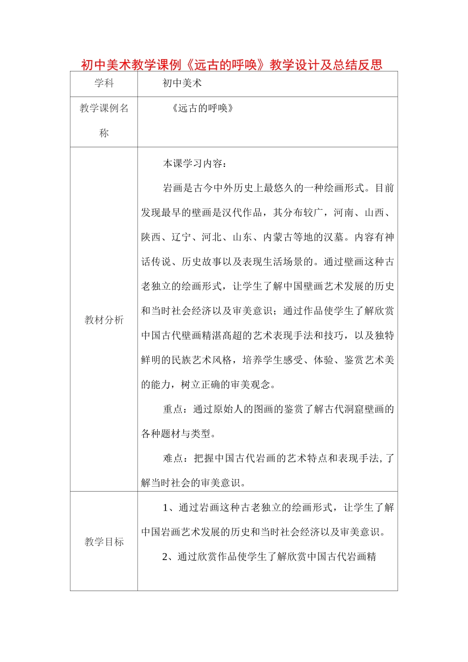 初中美术教学课例《远古的呼唤》课程思政核心素养教学设计及总结反思_第1页