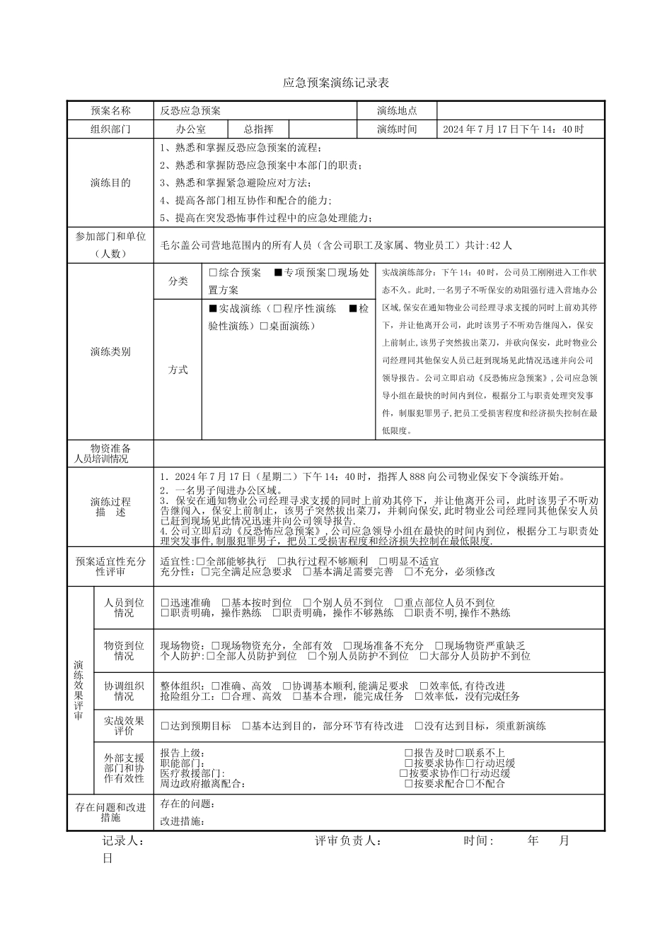 应急预案演练记录表(防恐)_第1页