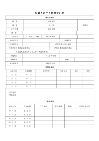 应聘人员个人信息登记表