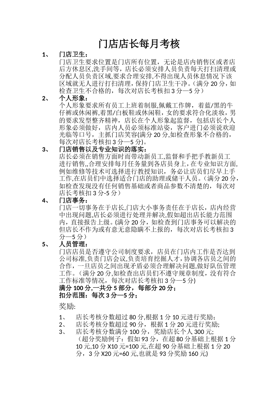 店长考核标准以及奖罚制度_第1页