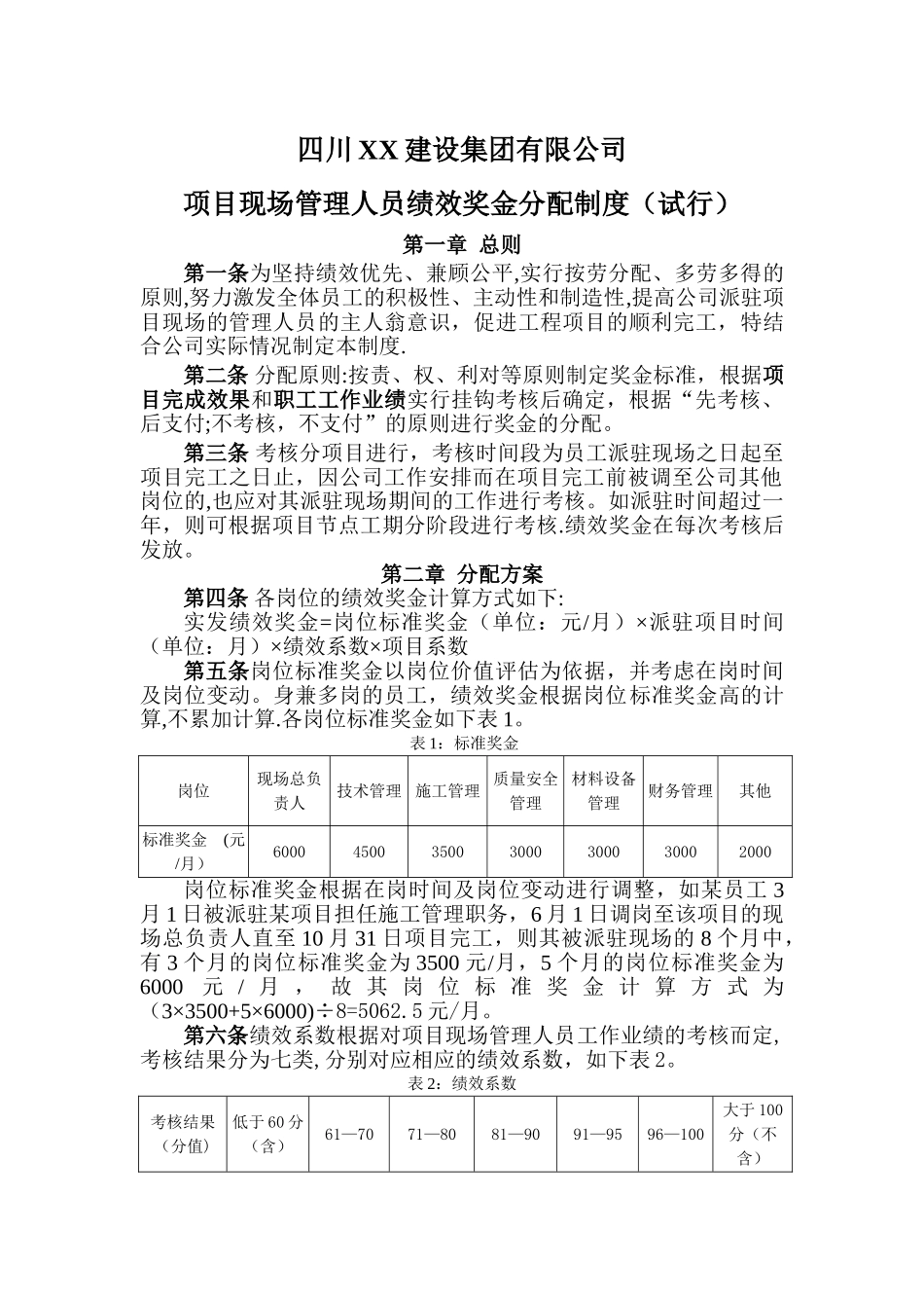 建筑企业项目现场管理人员绩效奖金分配制度_第1页