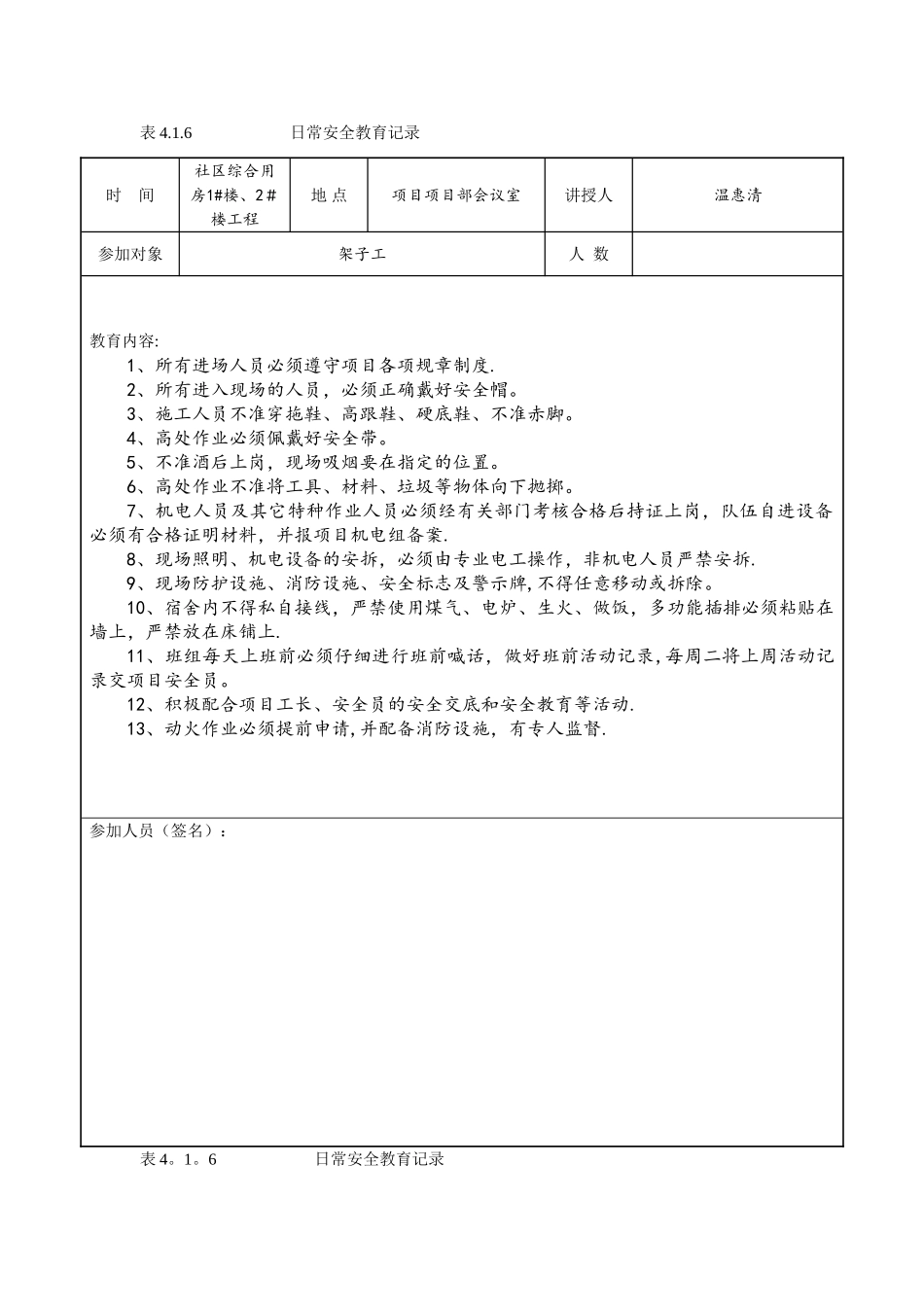 建筑工地安全资料日常安全教育记录检查_第1页