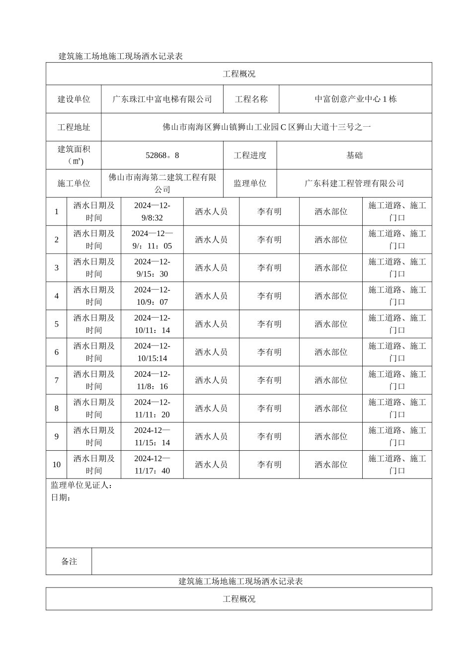 建筑工地施工现场洒水记录表_第1页