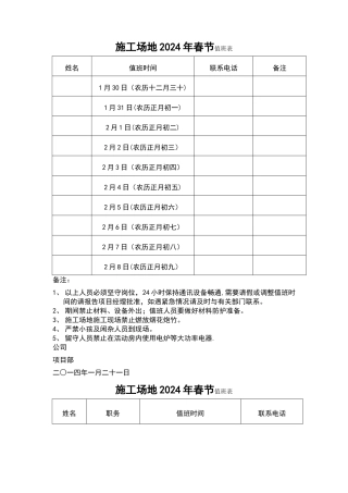 建筑工地春节值班表