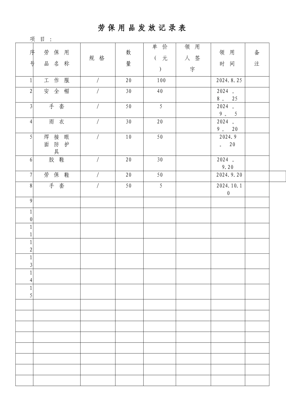 建筑工程劳保用品发放台账_第1页
