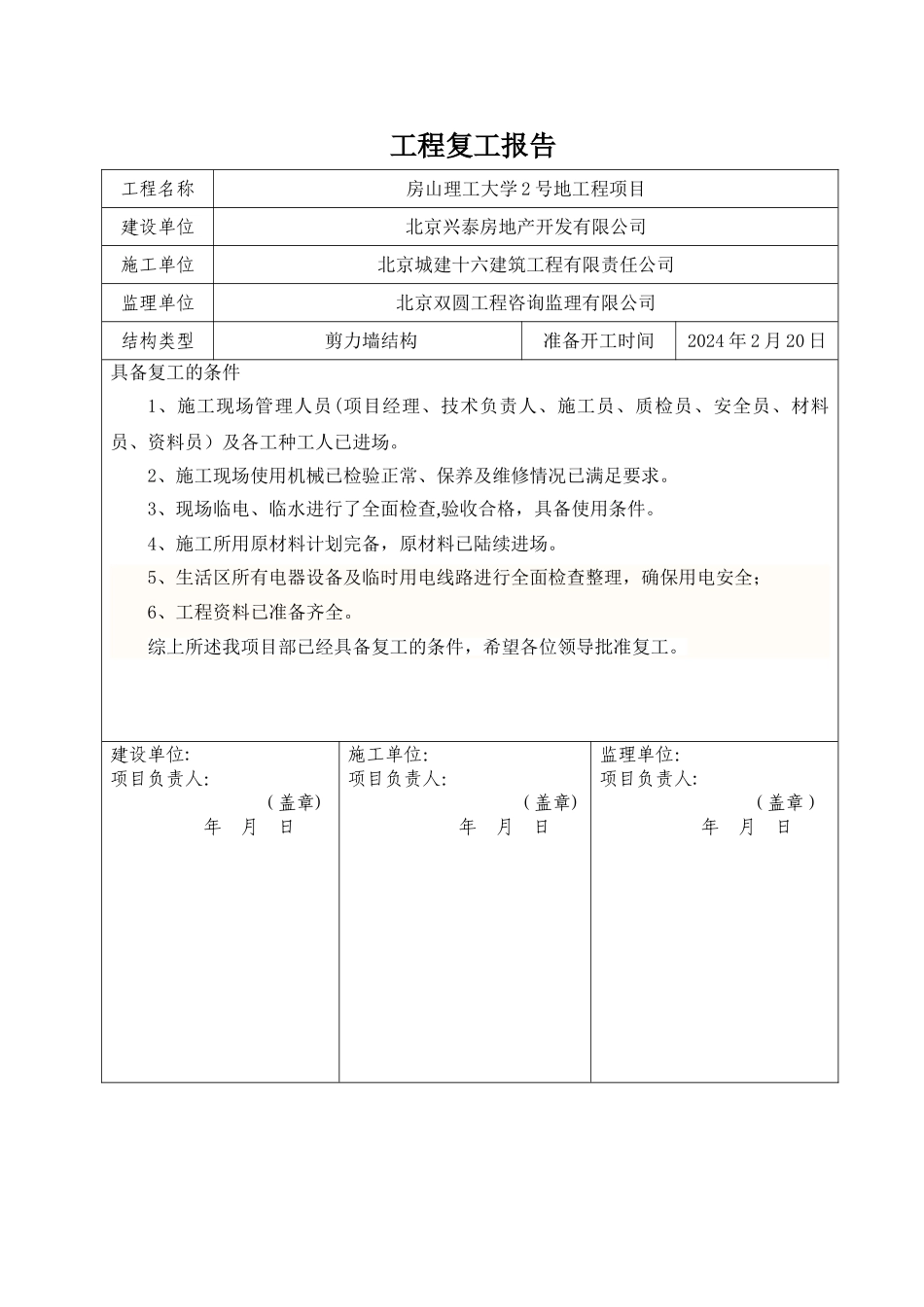 建筑工程复工报告完整版(完整复工条件)_第1页