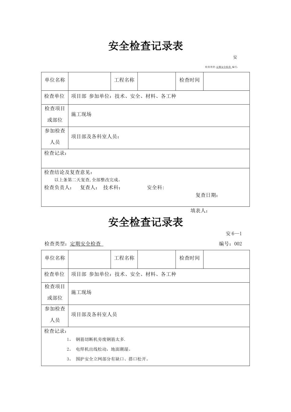 建筑工程安全检查记录表_第1页