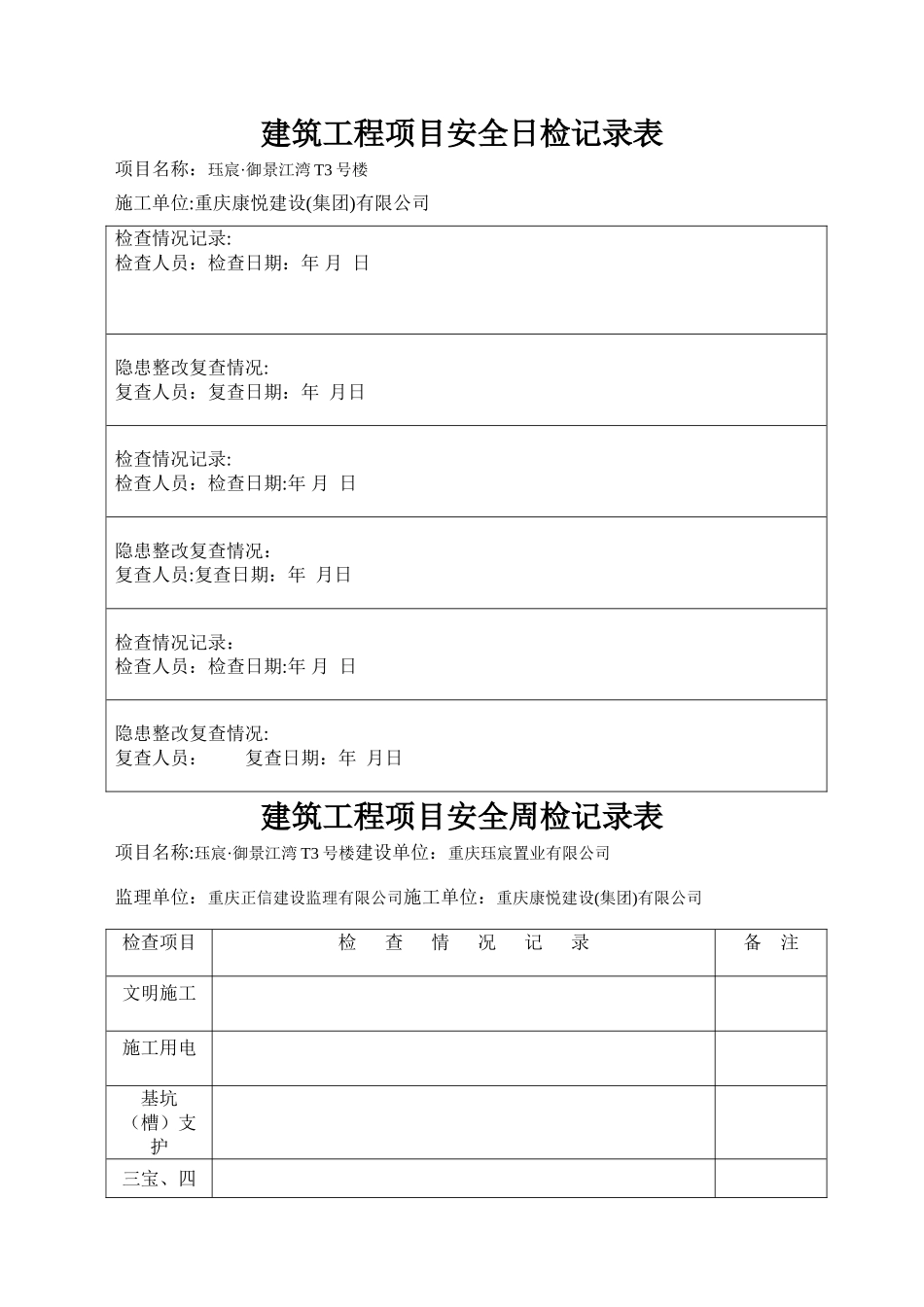 建筑工程项目安全日检周检月检记录表-_第1页