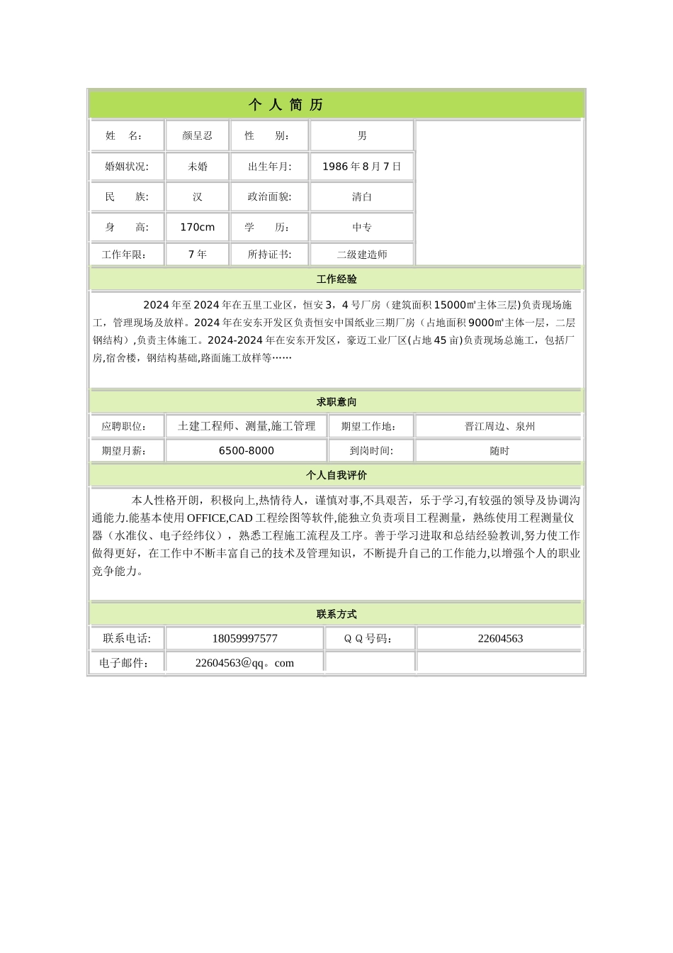 建筑施工员简历_第1页