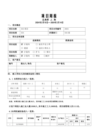 建筑智能化弱电工程施工周报范本-