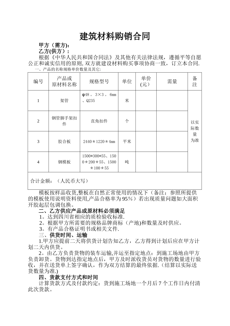 建筑材料购销合同(架管、扣件、模板)_第1页