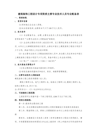 建筑装饰工程设计专项资质主要技术人员配备表