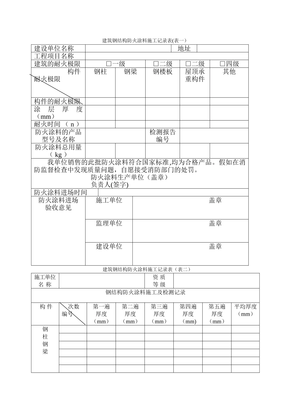 建筑钢结构防火涂料施工记录表_第1页