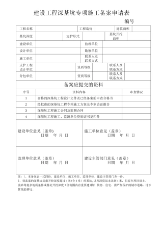 建设工程深基坑专项施工备案申请表