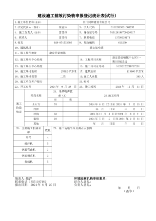 建设施工排放污染物申报登记统计表