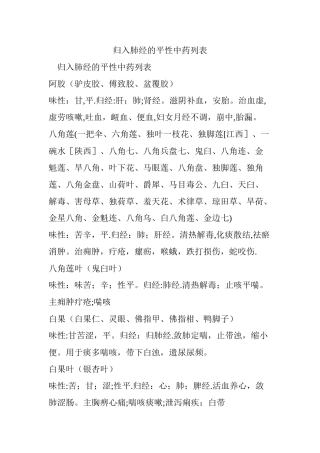 归入肺经的平性中药列表