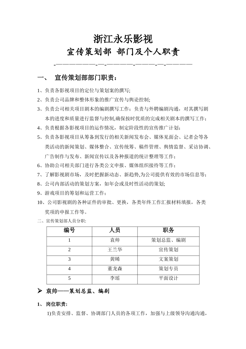 影视公司-宣传策划部-岗位职责_第1页