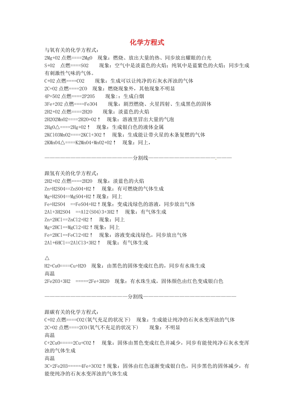 2025年湖南省长沙县双江中学中考化学专题复习方程式知识点总结_第1页
