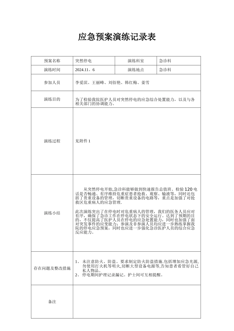 急诊科停电应急预案演练记录表_第1页